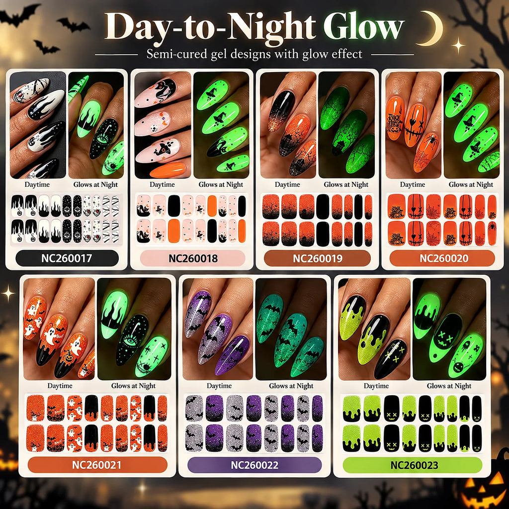Glow-in-the-dark Halloween semi-cured gel nail strip design overview