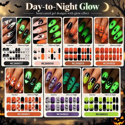 Glow-in-the-dark Halloween semi-cured gel nail strip design overview