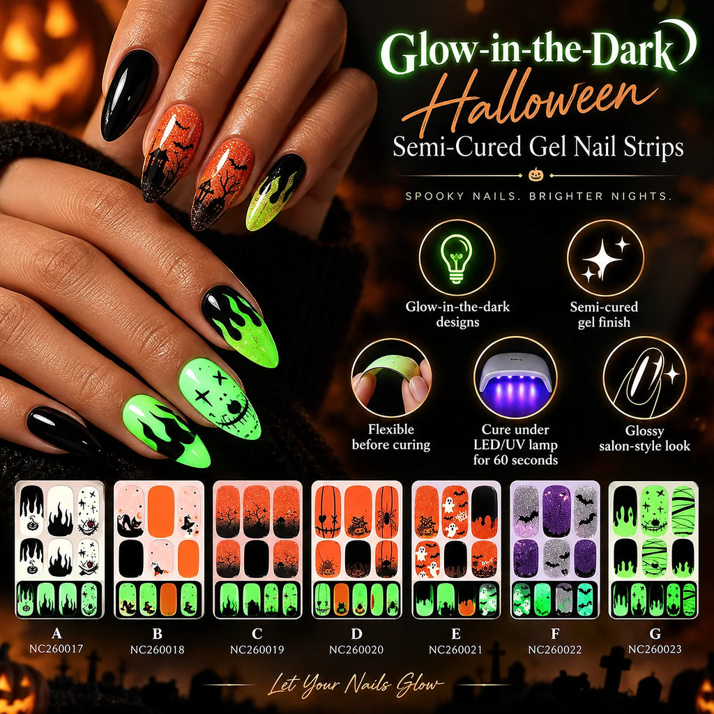 Glow-in-the-dark Halloween semi-cured gel nail strip features