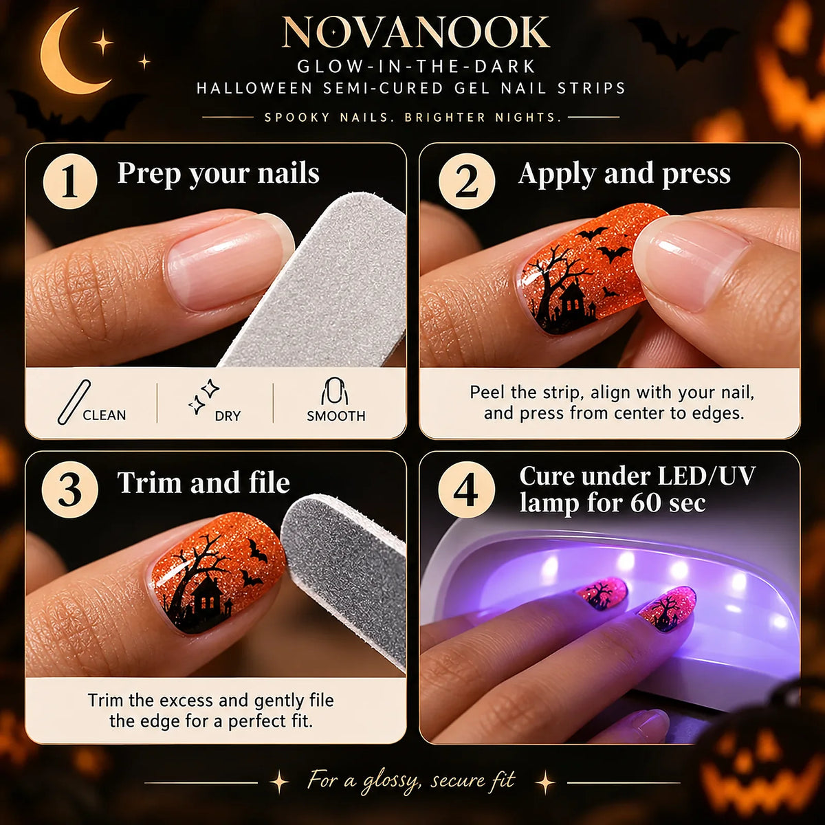 How to apply glow-in-the-dark Halloween semi-cured gel nail strips