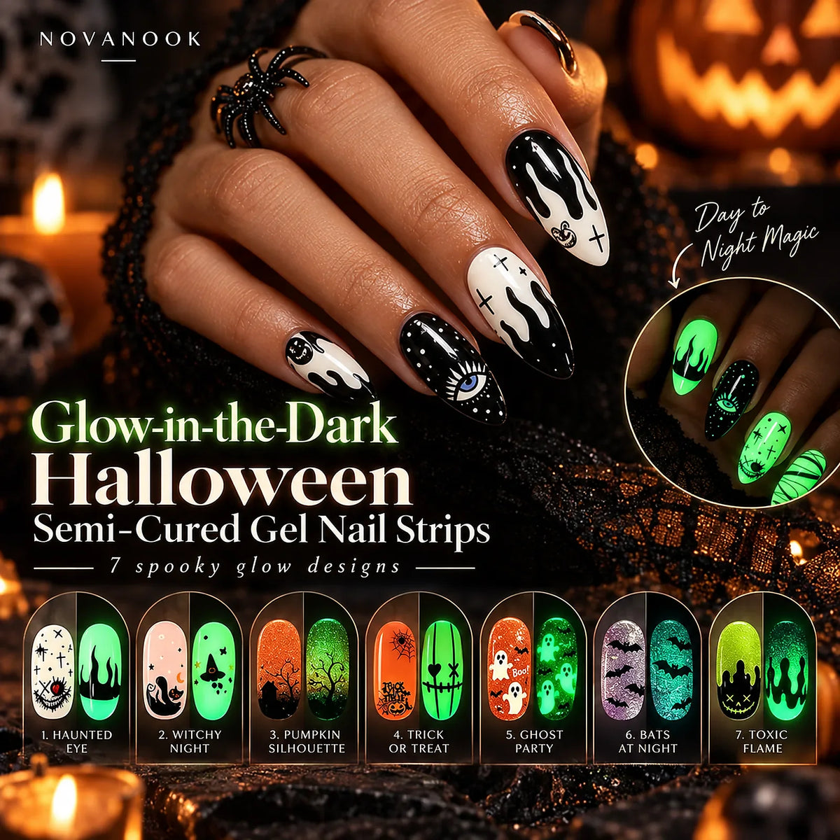 Glow-in-the-dark Halloween semi-cured gel nail strips product hero