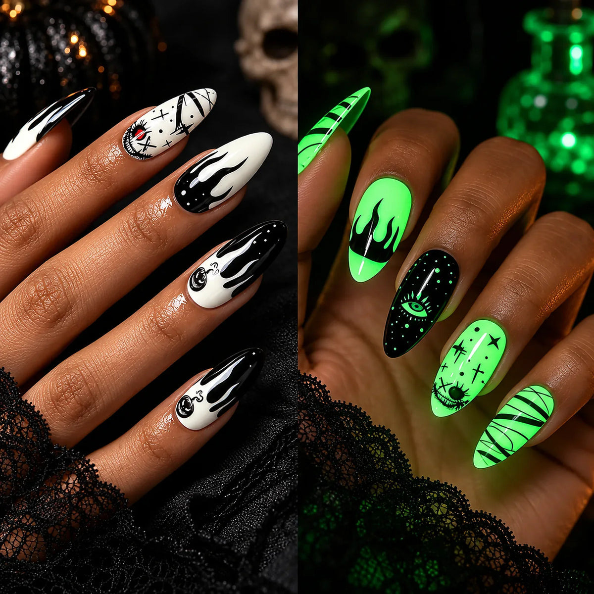 Haunted Eye Glow glow-in-the-dark Halloween semi-cured gel nail strips on hand
