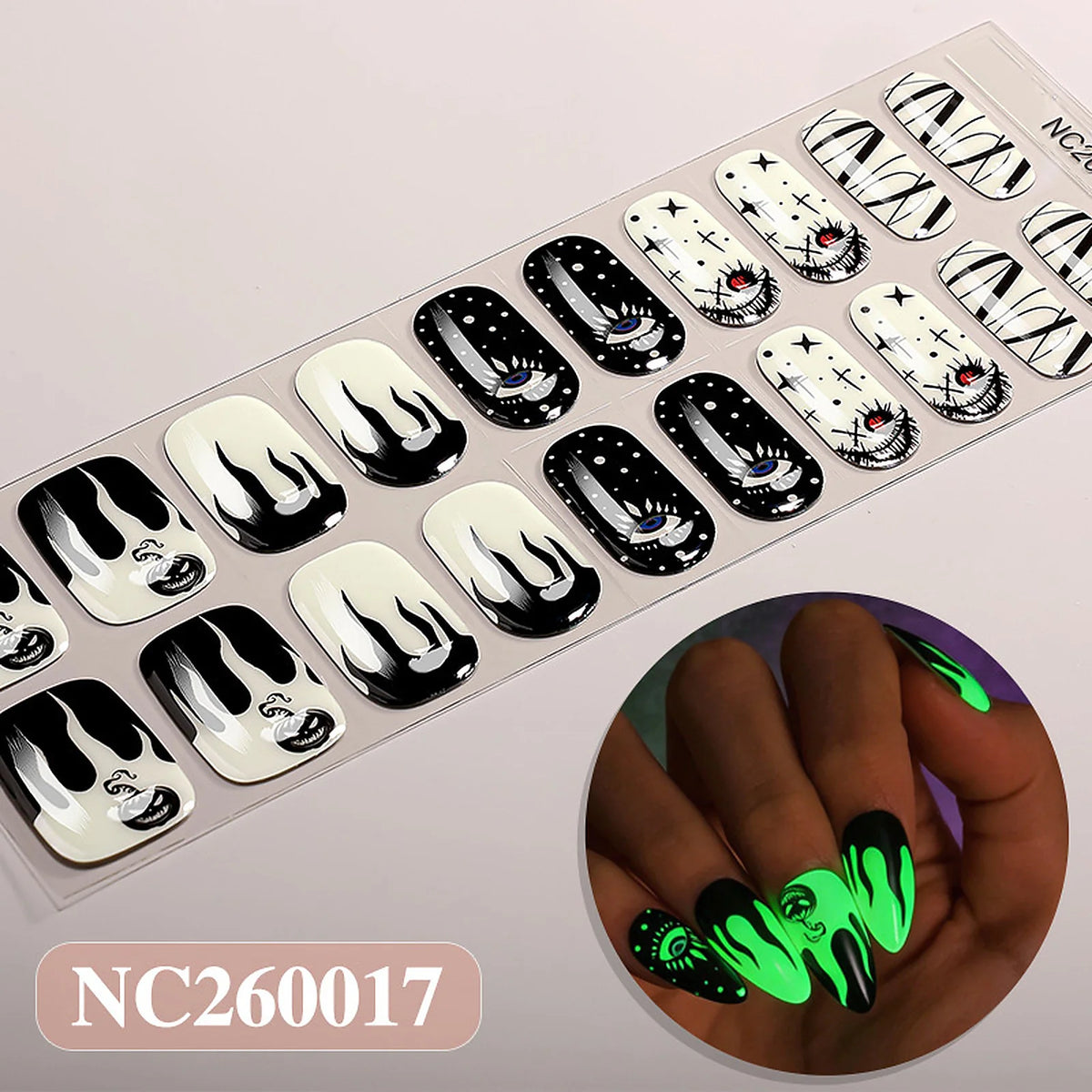 Haunted Eye Glow glow-in-the-dark Halloween semi-cured gel nail strips strip sheet