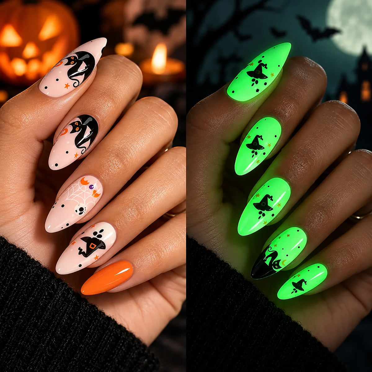 Witch Cat Glow glow-in-the-dark Halloween semi-cured gel nail strips on hand