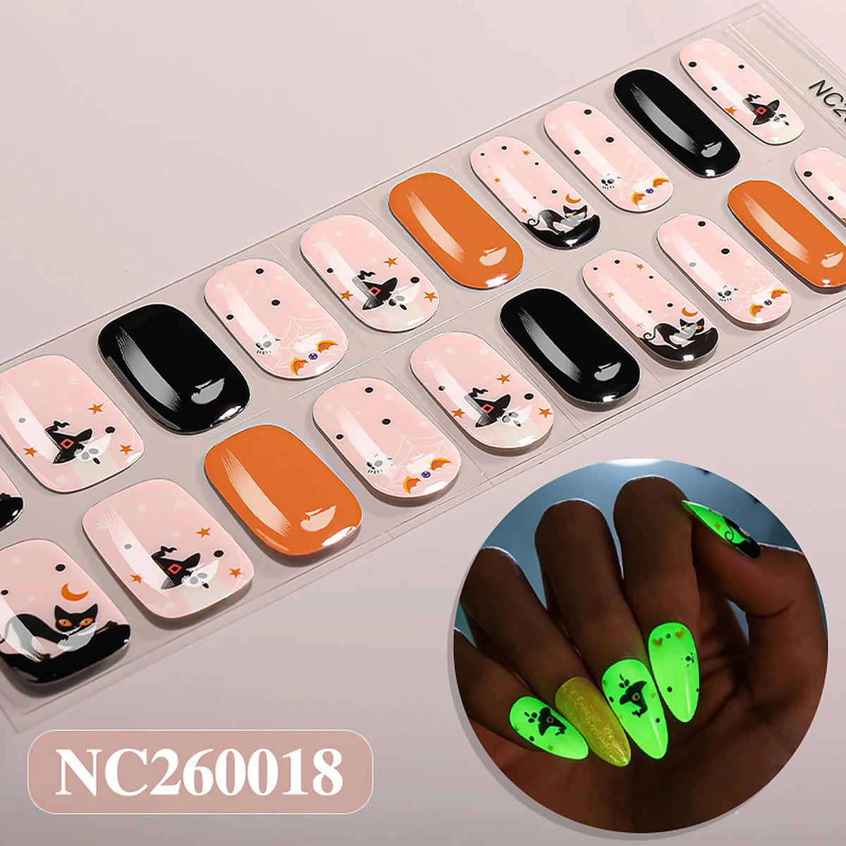 Witch Cat Glow glow-in-the-dark Halloween semi-cured gel nail strips strip sheet