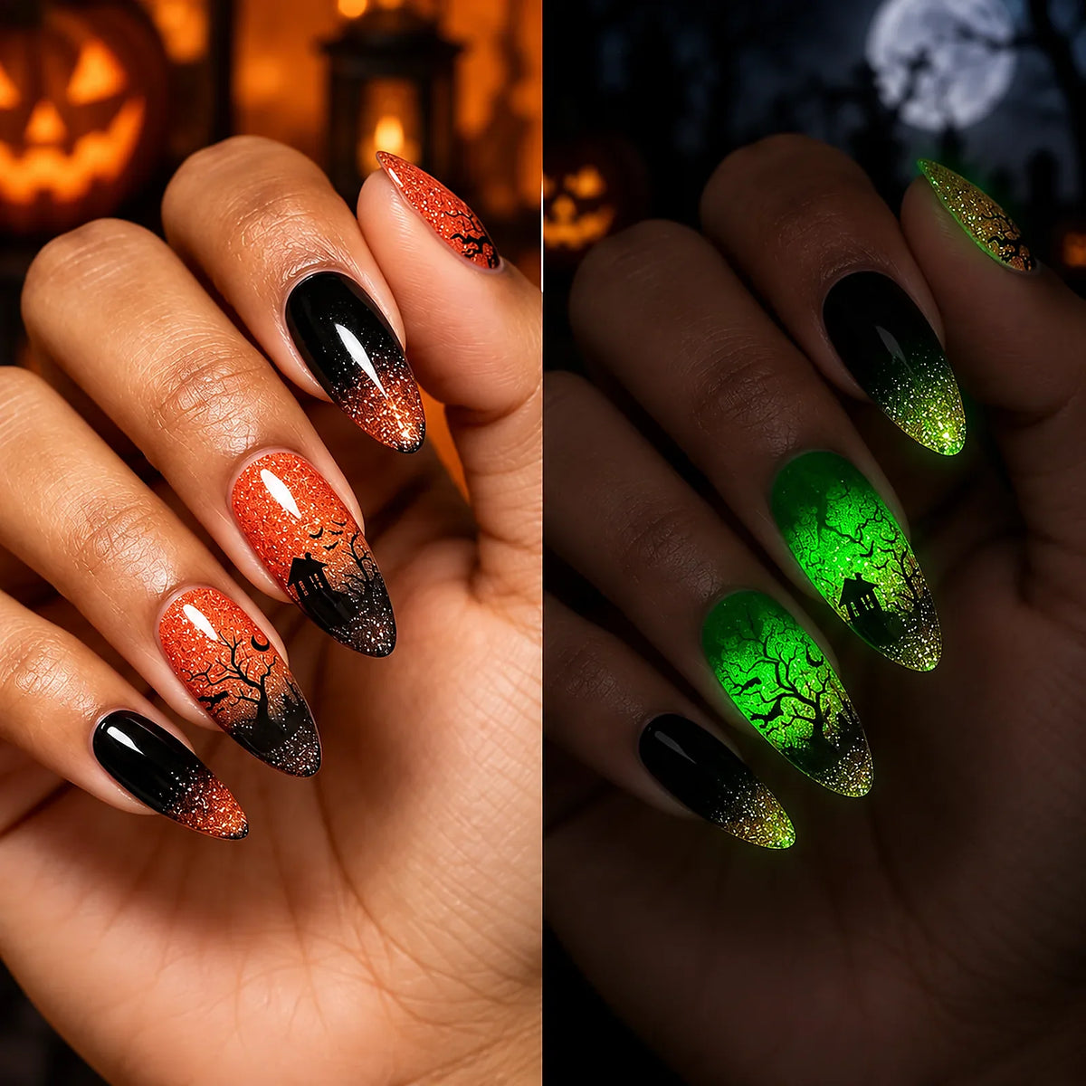 Smoky Ember Glow glow-in-the-dark Halloween semi-cured gel nail strips on hand