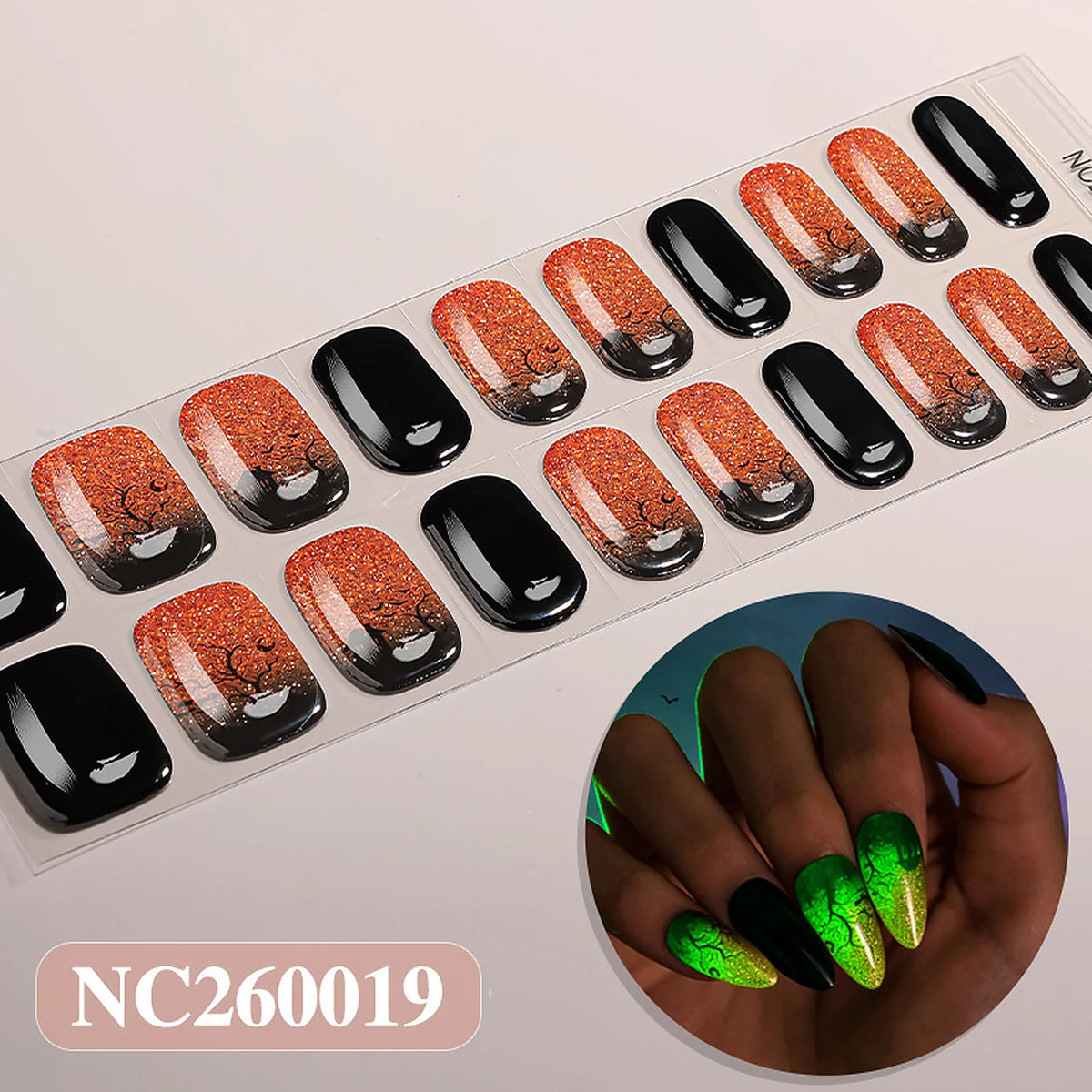 Smoky Ember Glow glow-in-the-dark Halloween semi-cured gel nail strips strip sheet