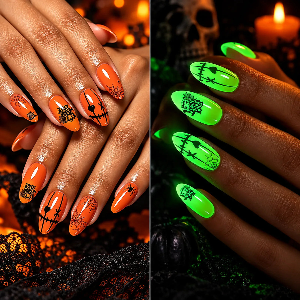 Pumpkin Web Glow glow-in-the-dark Halloween semi-cured gel nail strips on hand