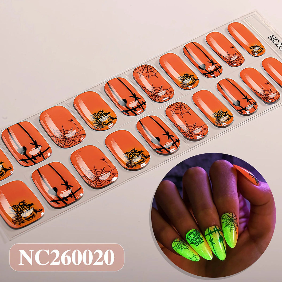 Pumpkin Web Glow glow-in-the-dark Halloween semi-cured gel nail strips strip sheet