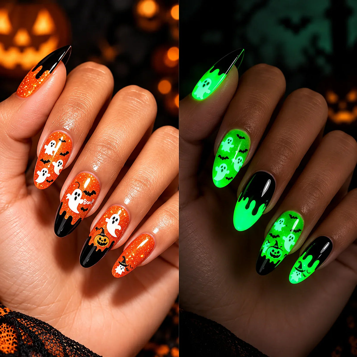 Ghost Pumpkin Glow glow-in-the-dark Halloween semi-cured gel nail strips on hand