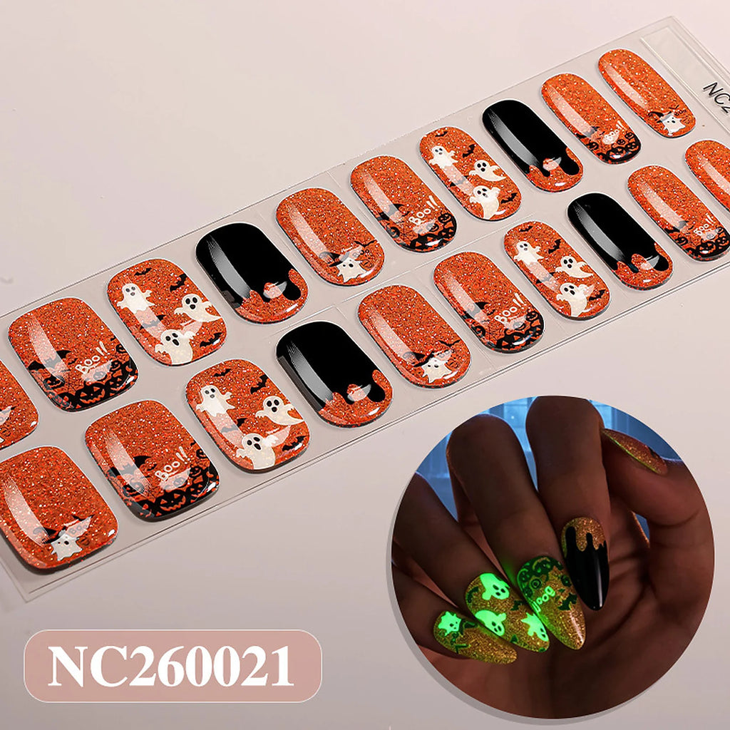 Ghost Pumpkin Glow glow-in-the-dark Halloween semi-cured gel nail strips strip sheet