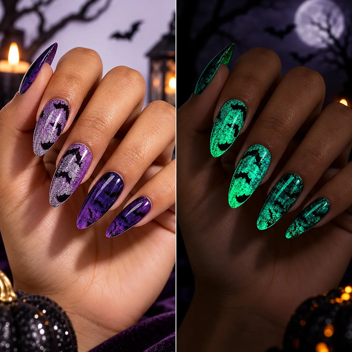 Purple Bat Glow glow-in-the-dark Halloween semi-cured gel nail strips on hand