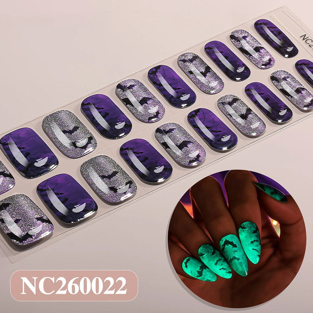 Purple Bat Glow glow-in-the-dark Halloween semi-cured gel nail strips strip sheet