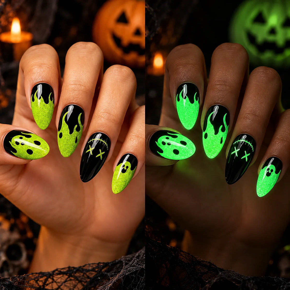 Neon Ghost Glow glow-in-the-dark Halloween semi-cured gel nail strips on hand