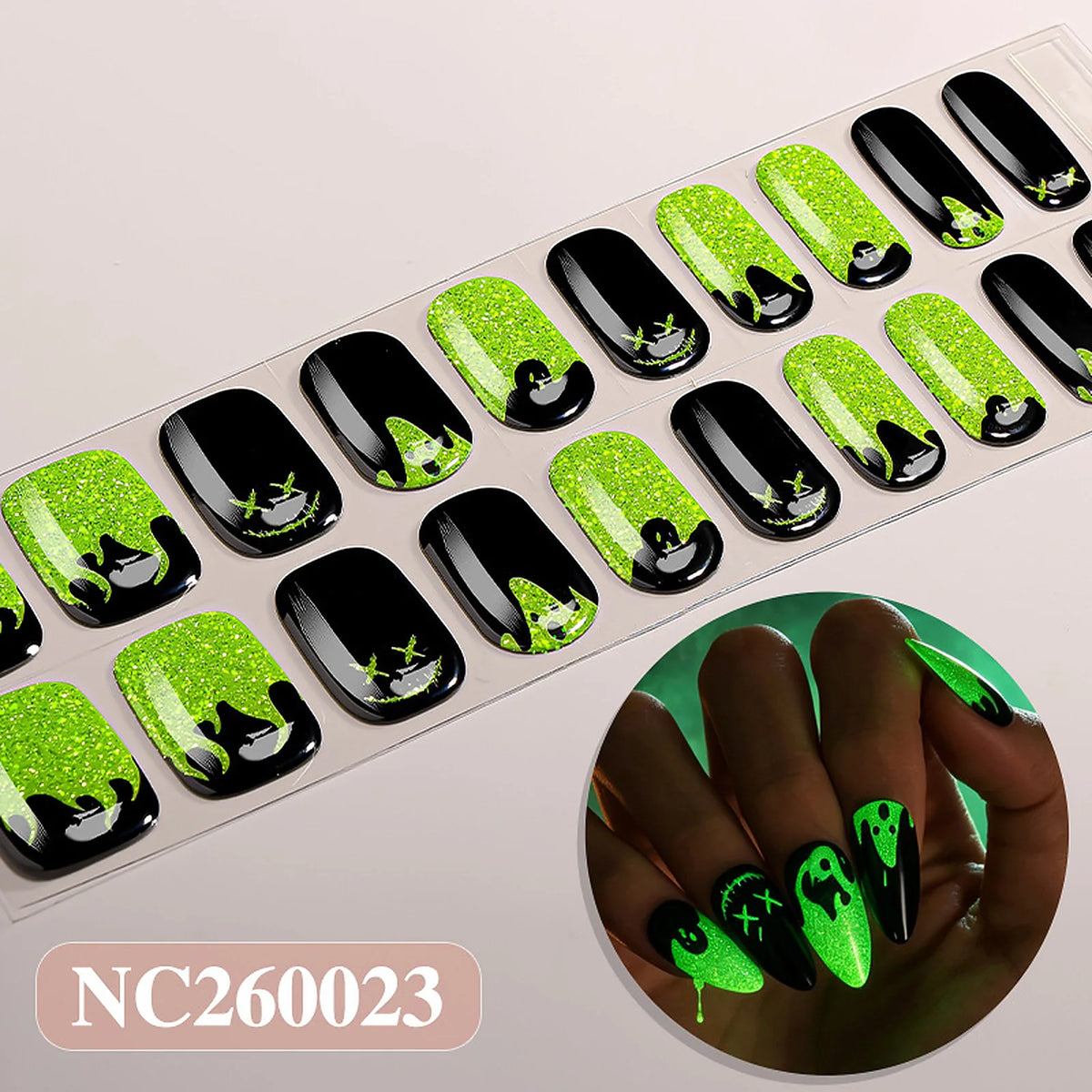 Neon Ghost Glow glow-in-the-dark Halloween semi-cured gel nail strips strip sheet